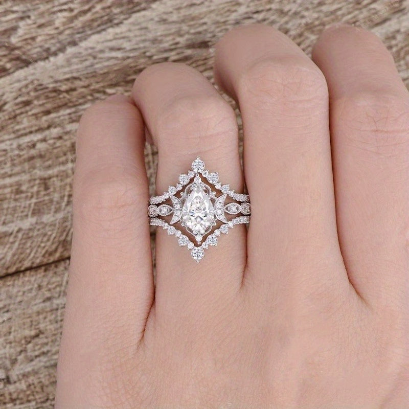 1.2 Carat Pear Shaped Zirconia Crescent Engagement Ring 3 Piece Set, Moon Engagement Ring, Vintage Engagement Ring, Art Deco Gift, Vintage