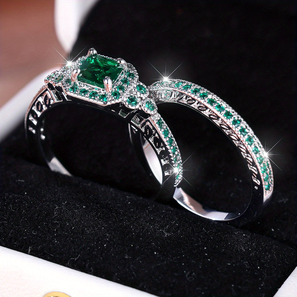 2 Pieces/Set Queen Cut Green Gemstone Engagement Ring Set Silver Wedding Jewelry