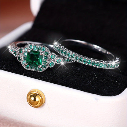 2 Pieces/Set Queen Cut Green Gemstone Engagement Ring Set Silver Wedding Jewelry