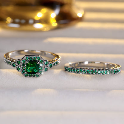 2 Pieces/Set Queen Cut Green Gemstone Engagement Ring Set Silver Wedding Jewelry