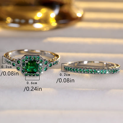 2 Pieces/Set Queen Cut Green Gemstone Engagement Ring Set Silver Wedding Jewelry