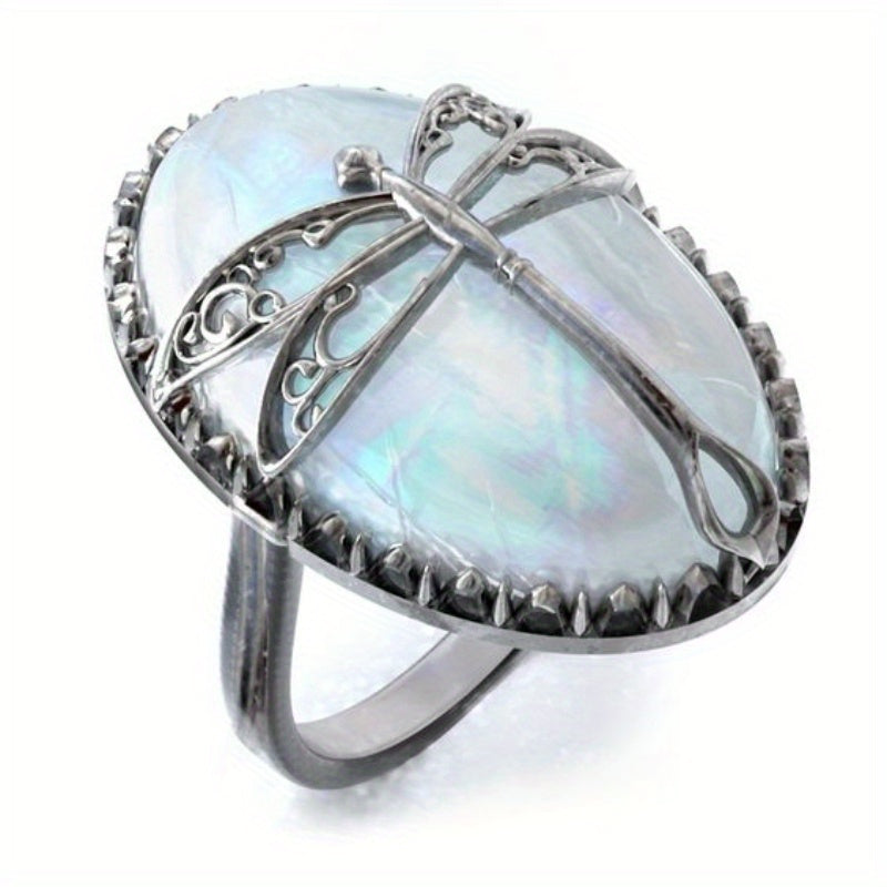 Vintage Bohemian Female Dragonfly Ring with Copper Base and Synthetic Opal, 925 Silver Plated - Perfect for Christmas, Seasons, Everyday Wear and Gifts