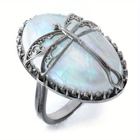 Vintage Bohemian Female Dragonfly Ring with Copper Base and Synthetic Opal, 925 Silver Plated - Perfect for Christmas, Seasons, Everyday Wear and Gifts