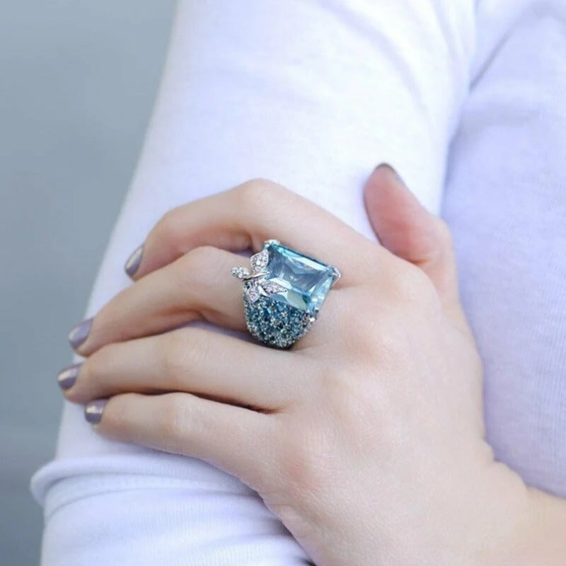 Luxury Blue Topaz Butterfly Cocktail Ring, Gemstone Retro Ring, Big Butterfly Inspiration Ring, Women's Party Wear Ring