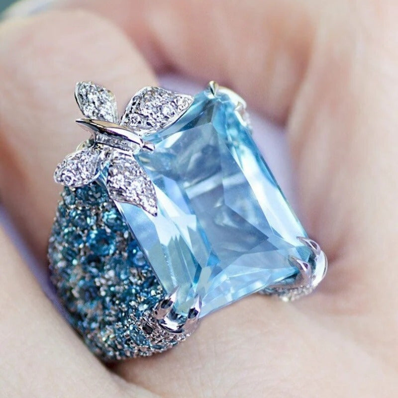 Luxury Blue Topaz Butterfly Cocktail Ring, Gemstone Retro Ring, Big Butterfly Inspiration Ring, Women's Party Wear Ring