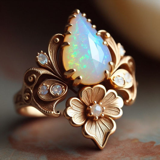 Vintage bohemian 14K gold-plated copper ring with handmade floral design and opal inlay for Casual Attire and gift giving, the perfect Christmas jewelry gift