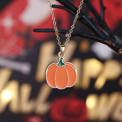 1 Halloween Pumpkin Necklace - Bohemian copper jewelry with festive orange pendant and green leaf accents, perfect for parties and holiday gifts