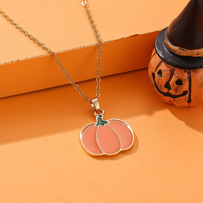 1 Halloween Pumpkin Necklace - Bohemian copper jewelry with festive orange pendant and green leaf accents, perfect for parties and holiday gifts