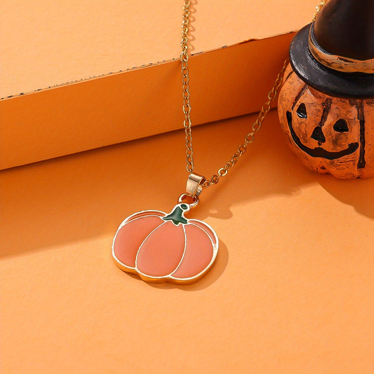1 Halloween Pumpkin Necklace - Bohemian copper jewelry with festive orange pendant and green leaf accents, perfect for parties and holiday gifts