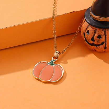 1 Halloween Pumpkin Necklace - Bohemian copper jewelry with festive orange pendant and green leaf accents, perfect for parties and holiday gifts
