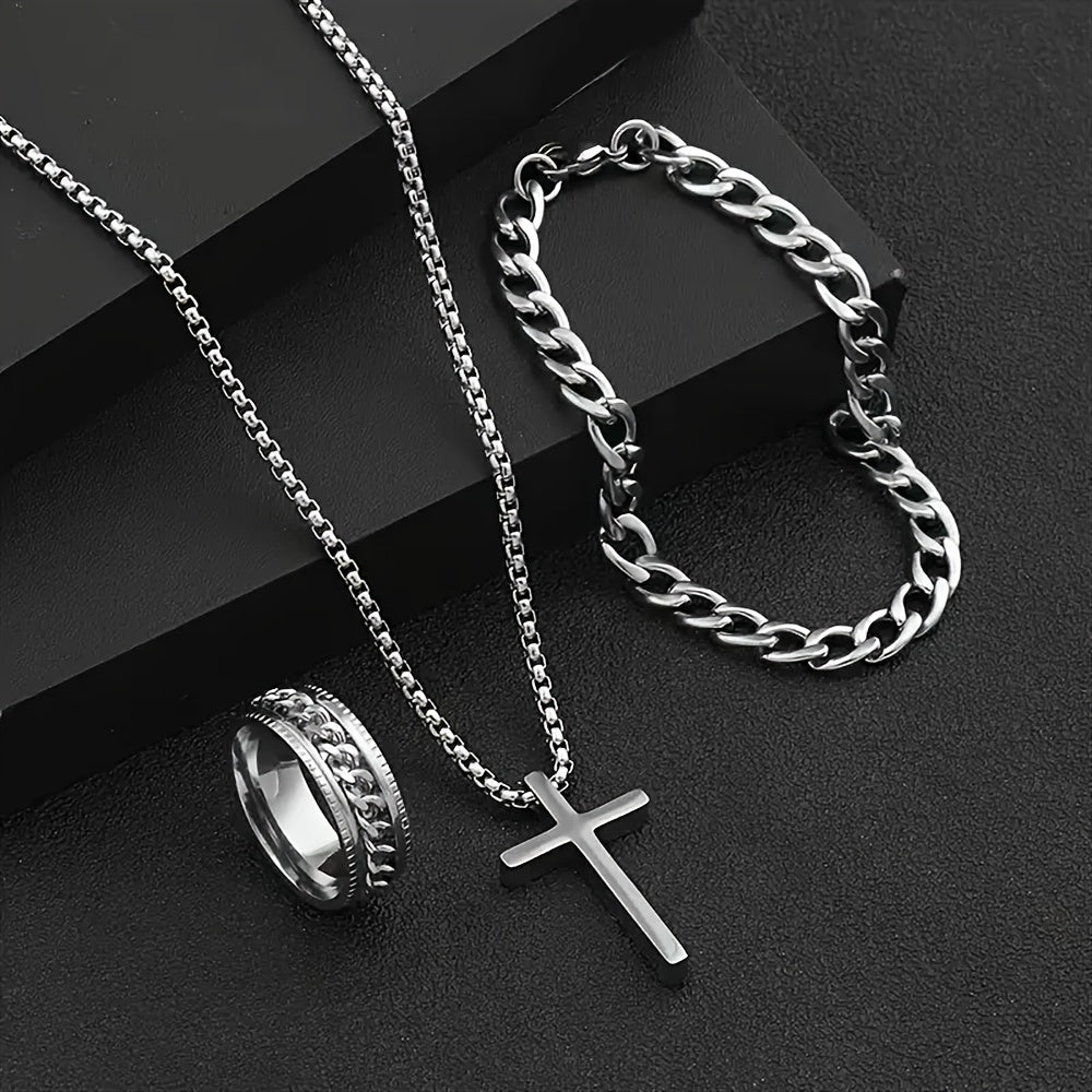 Men's 3-Piece Hip Hop Stainless Steel Jewelry Set - Cross Pendant Necklace, Cuban Chain & Spinning Ring - Perfect for Halloween, Christmas and New Year Gifts