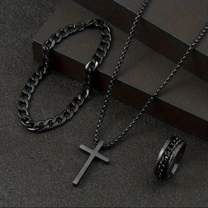 Men's 3-Piece Hip Hop Stainless Steel Jewelry Set - Cross Pendant Necklace, Cuban Chain & Spinning Ring - Perfect for Halloween, Christmas and New Year Gifts