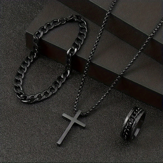 Men's 3-Piece Hip Hop Stainless Steel Jewelry Set - Cross Pendant Necklace, Cuban Chain & Spinning Ring - Perfect for Halloween, Christmas and New Year Gifts