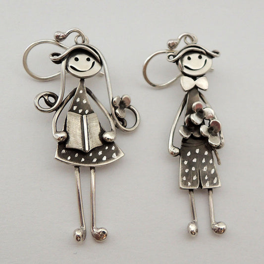 Vintage boy and girl pendant earrings with hook backs for pierced ears. beautiful gift for mom