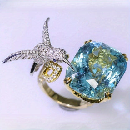 Luxury Hummingbird Sapphire Ring, Open Design, Vintage Style, 14K Gold Plated, Synthetic Cubic Zirconia, Perfect for Everyday Wear and Gifts, Ladies Fashion Jewelry.