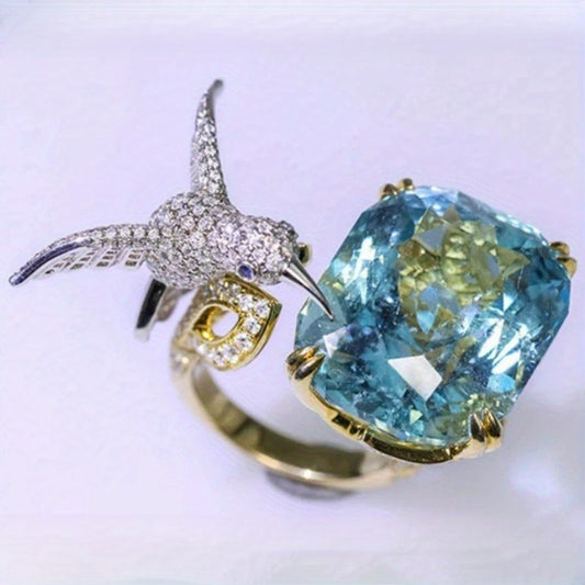 Luxury Hummingbird Sapphire Ring, Open Design, Vintage Style, 14K Gold Plated, Synthetic Cubic Zirconia, Perfect for Everyday Wear and Gifts, Ladies Fashion Jewelry.