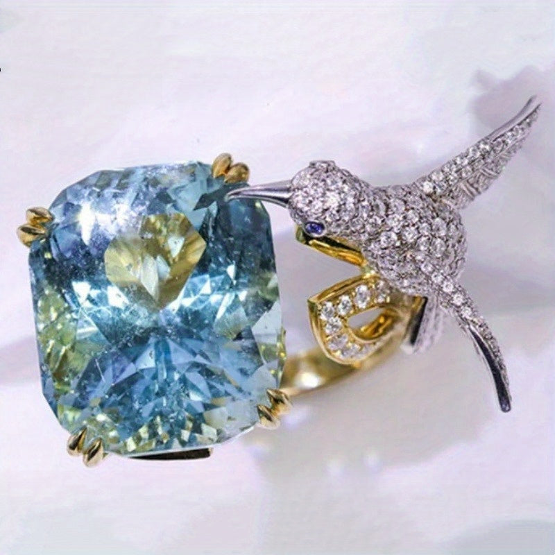 Luxury Hummingbird Sapphire Ring, Open Design, Vintage Style, 14K Gold Plated, Synthetic Cubic Zirconia, Perfect for Everyday Wear and Gifts, Ladies Fashion Jewelry.