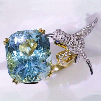 Luxury Hummingbird Sapphire Ring, Open Design, Vintage Style, 14K Gold Plated, Synthetic Cubic Zirconia, Perfect for Everyday Wear and Gifts, Ladies Fashion Jewelry.
