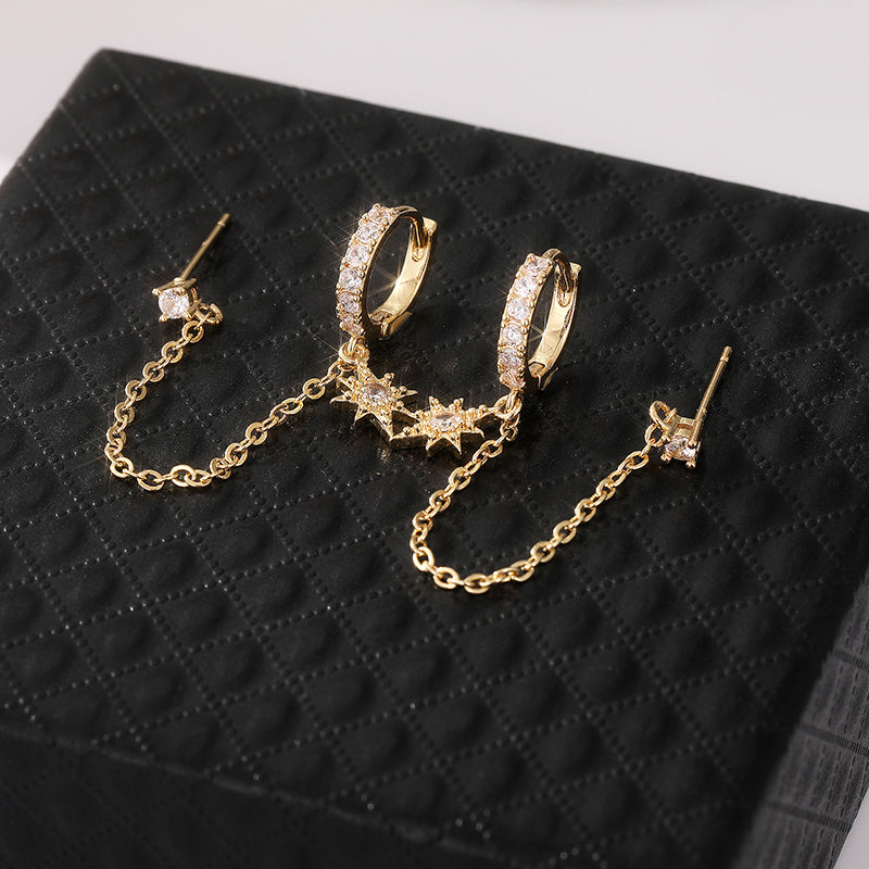 Ladies Bohemian style 14K gold-plated chain earrings, double-pierced pendant earrings with cubic Zirconia studs, vintage fashion earrings, all-season gift ideas