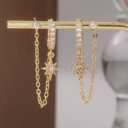 Ladies Bohemian style 14K gold-plated chain earrings, double-pierced pendant earrings with cubic Zirconia studs, vintage fashion earrings, all-season gift ideas