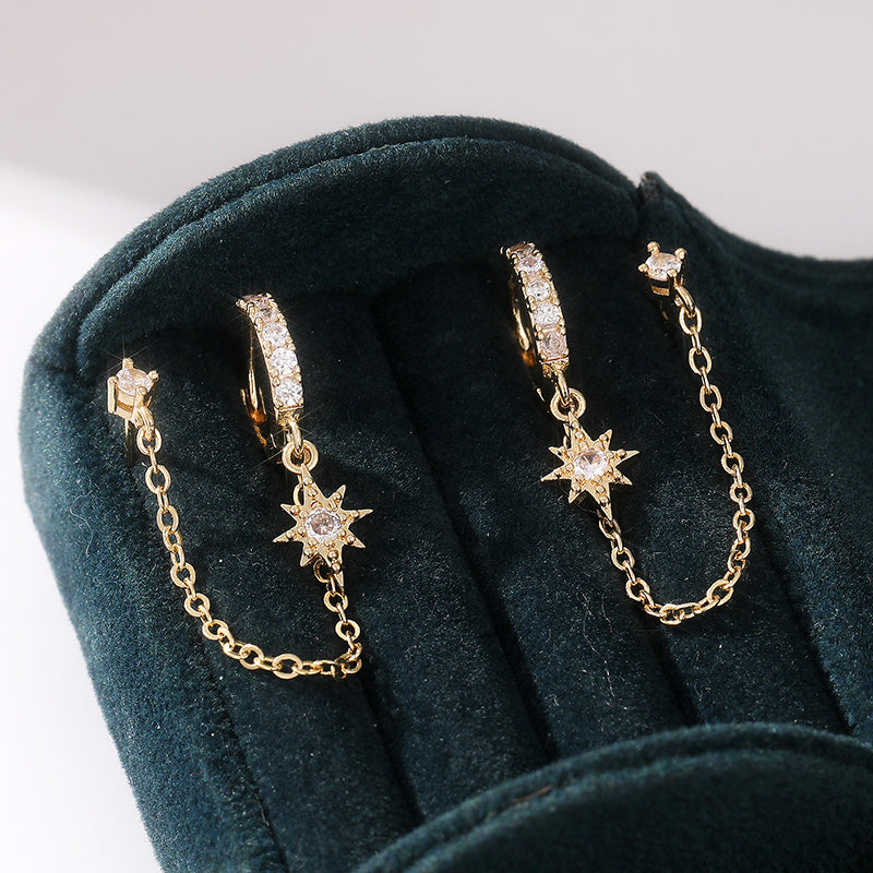 Ladies Bohemian style 14K gold-plated chain earrings, double-pierced pendant earrings with cubic Zirconia studs, vintage fashion earrings, all-season gift ideas