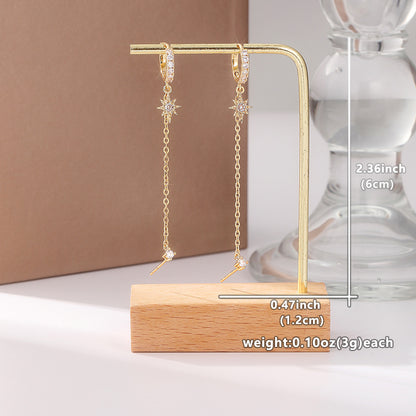 Ladies Bohemian style 14K gold-plated chain earrings, double-pierced pendant earrings with cubic Zirconia studs, vintage fashion earrings, all-season gift ideas