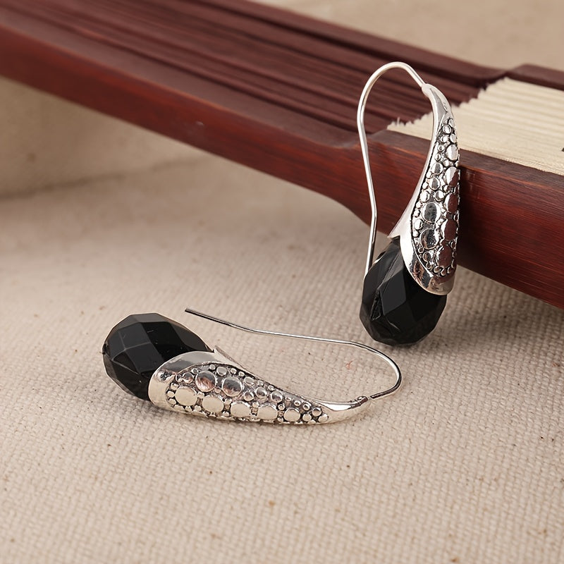 Retro metal hand-carved pattern earrings with black stone hook earrings