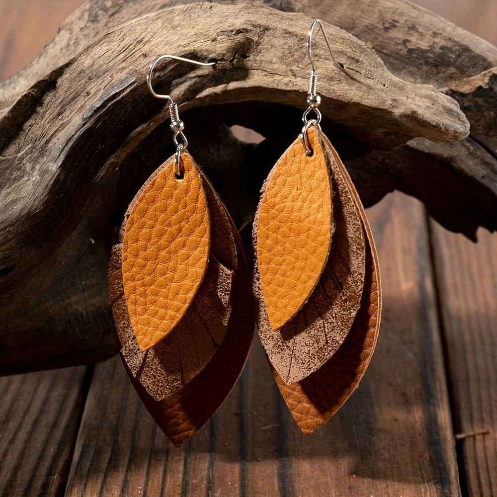Layered Leaf Design PU Leather Drop Earrings, Rustic Vintage Style, Stylish Drop Ladies Earrings, Fall Inspiration Palette