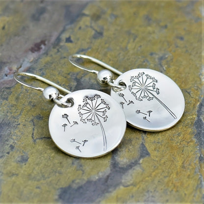 Silver Round Dandelion Pattern Hook Earrings Vintage Bohemian Copper Silver Plated Jewelry Fashion Women's Gift