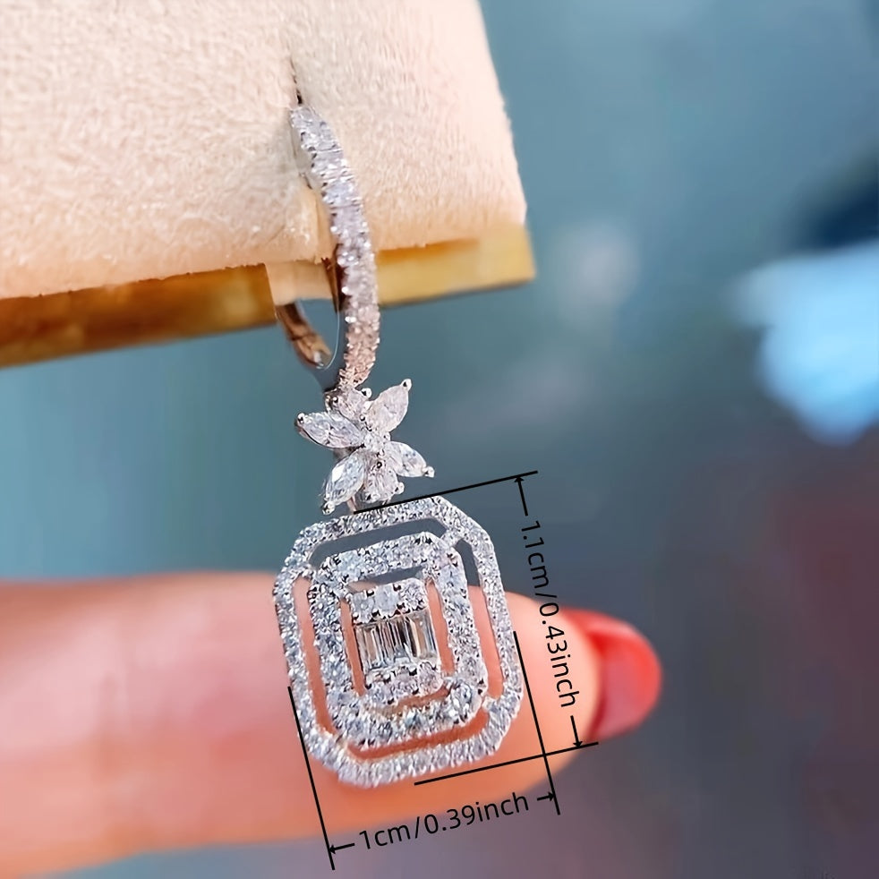 Sparkling Zirconia water drop earrings, hollow square and flower shape pendant, fashionable circle earrings, Women's daily wear