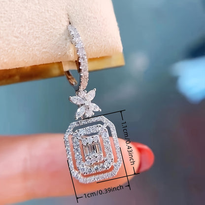 Sparkling Zirconia water drop earrings, hollow square and flower shape pendant, fashionable circle earrings, Women's daily wear