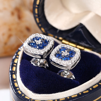 Simple and elegant square stud earrings set with blue synthetic gemstones, engagement banquet, party jewelry, everyday casual accessories for women