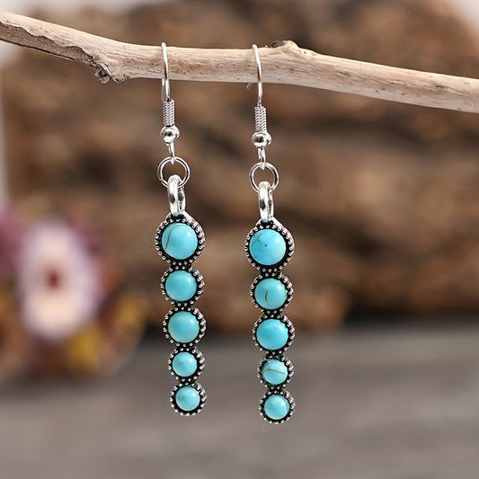 Bohemian Turquoise and Silver Plated Pendant Earrings - Vintage Style, Zinc Alloy with Iron Stud Earrings for Casual Wear, Cross Border, Round, Agate
