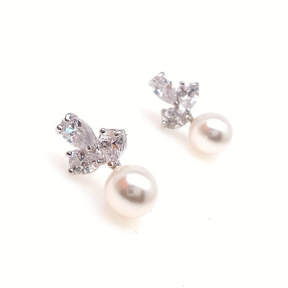 Imitation Pearl Pendant Shiny Zirconia Trim Stud Earrings Vintage Elegant Style Silver Plated Jewelry Wedding Accessories