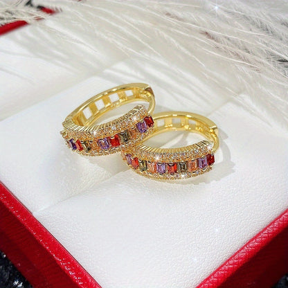 Elegant 18K Gold-plated Ring Earrings with Multi-colored Rectangular Cut Zirconia - Nickel-free Copper, Perfect for Brides and Parties