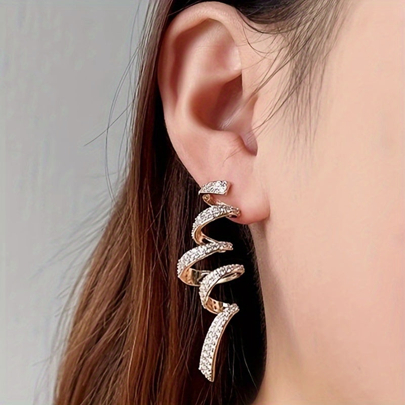 Spiral pattern shiny zircon inlaid pendant earrings, elegant luxury style, copper jewelry, exquisite women's gifts.