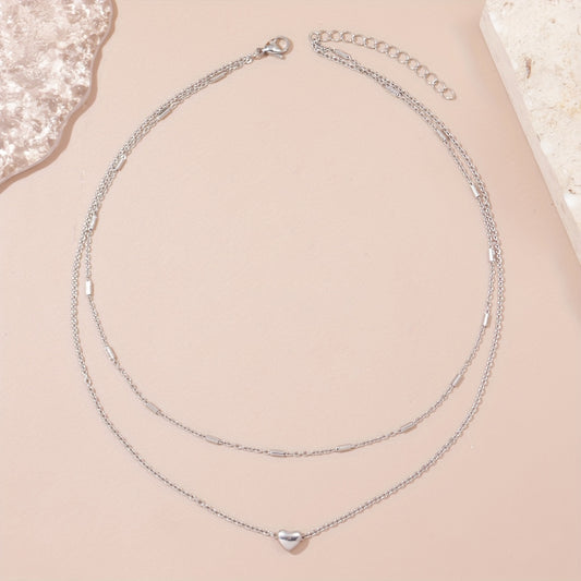 Unruly Minimalist Stainless Steel Heart Pendant Double Necklace, Ladies Party Jewelry Accessories