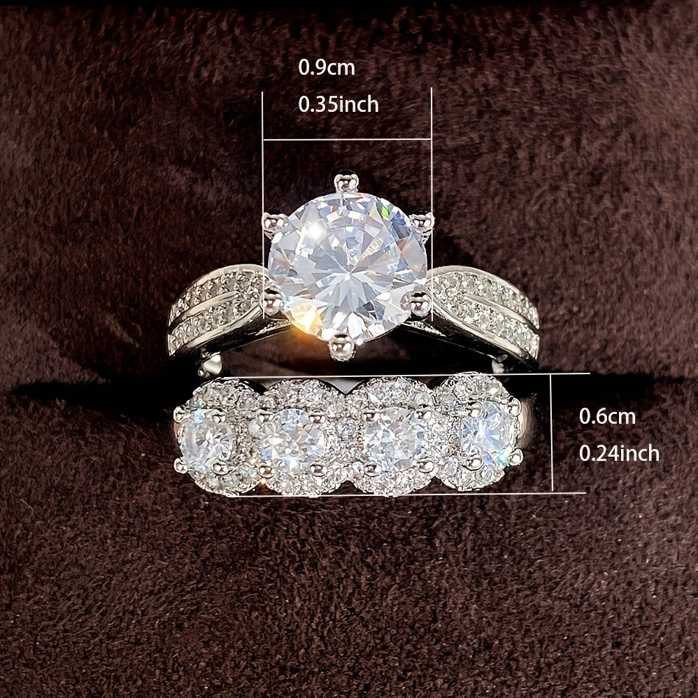 Bridal engagement wedding ring 2 pieces/set, silver and white zircon ring, women's proposal gift jewelry.