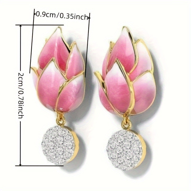 Ladies Elegant Flower Stud Earrings - Synthetic Zirconia Pendant, Nickel Copper, Enamel Pink Lotus Design, April Birthstone, Valentine's Day Gift, Perfect for Everyday and Party Occasions - A Pair