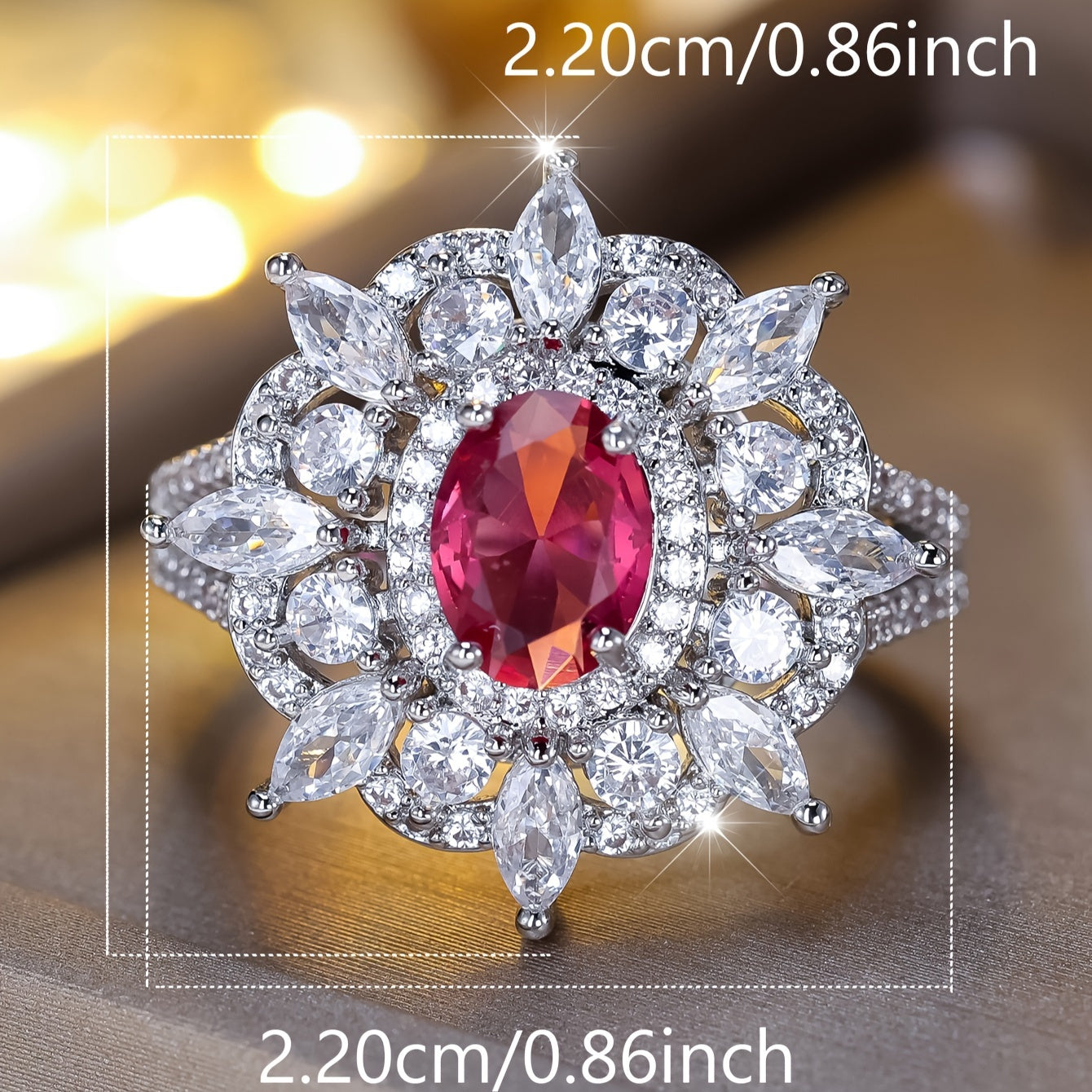 An elegant bohemian style engagement ring, copper with synthetic cubic zirconia, oval pink halo, full band of white water droplets, luxurious wedding, party, lady's birthday gifts