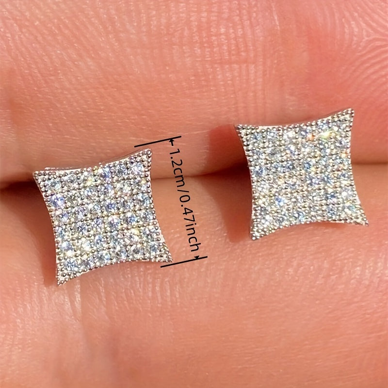 Ladies and Men's Elegant Square Glitter Earrings, Copper Synthetic Zirconia Inlay, Nickel Free Plating, Stylish Geometric Design, April Birthstone, Everyday Party Jewelry
