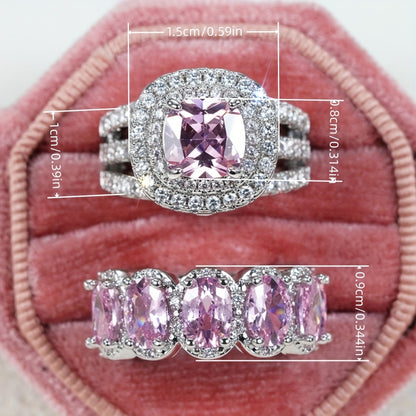 2 Luxury Engagement Rings Set with Sparkle Cubic Zirconia 4-Claw Synthetic Pink Gemstone Ring Set, Sparkle Style, Ladies Party Wedding Jewelry (No Box)