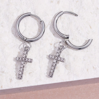 1 Pair of Punk Hip Hop Cubic Zirconia Cross Pendant Earrings for Men