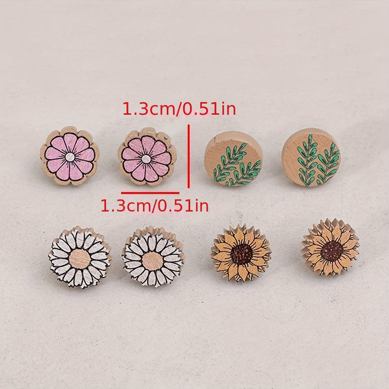 Four pairs of rustic wooden stud earrings, pastoral spring flower design, suitable for ladies' vacation and rustic jewelry accessories