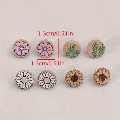 Four pairs of rustic wooden stud earrings, pastoral spring flower design, suitable for ladies' vacation and rustic jewelry accessories
