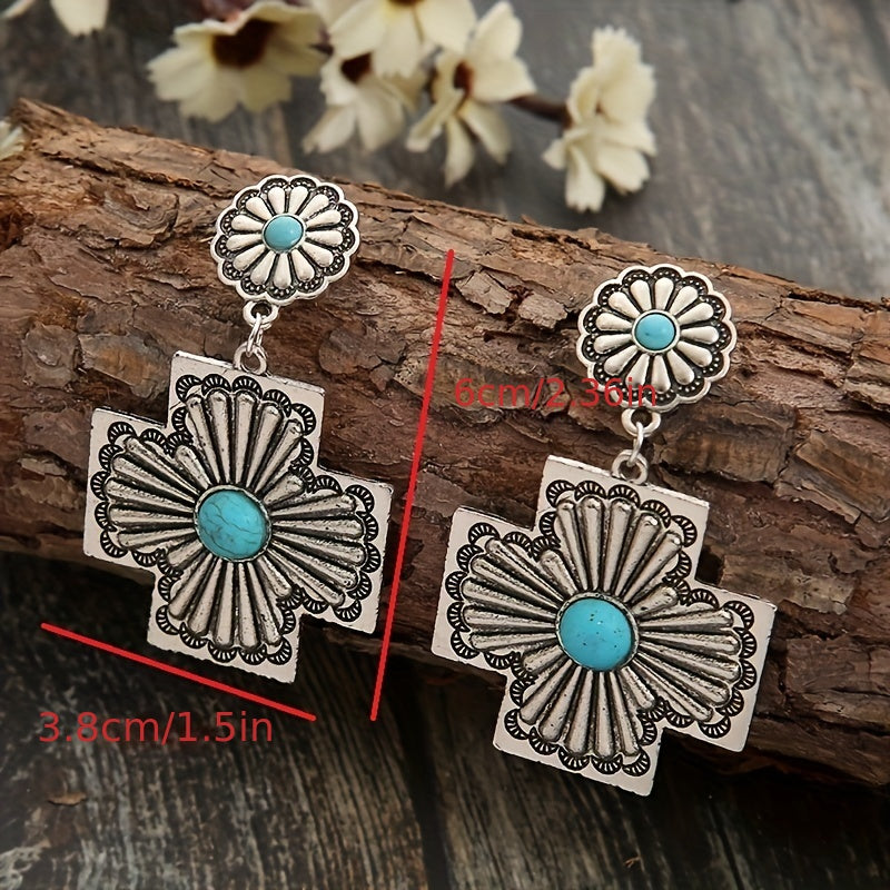 Classic Western style turquoise cross pendant earrings, silver plated jewelry gift