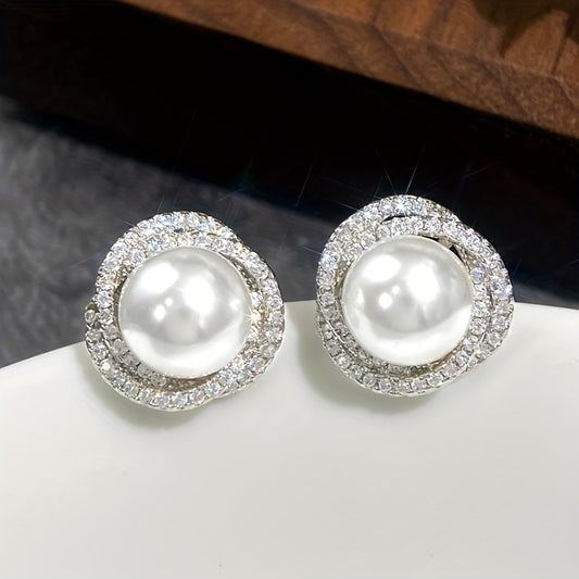 1 pair of classic elegant imitation pearl stud earrings, bridal wedding engagement banquet earrings, pearl earrings