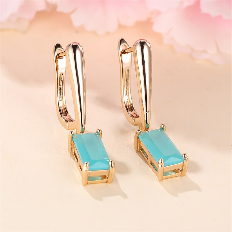 [Elegant Style] Elegant Teal Zirconia Geometric Pendant Earrings - Ladies Gold Fashion Jewelry, Suitable for Weddings and Parties, with Sparkling Square Crystal Zircon Embellishment, Stylish Earrings