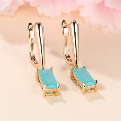 [Elegant Style] Elegant Teal Zirconia Geometric Pendant Earrings - Ladies Gold Fashion Jewelry, Suitable for Weddings and Parties, with Sparkling Square Crystal Zircon Embellishment, Stylish Earrings