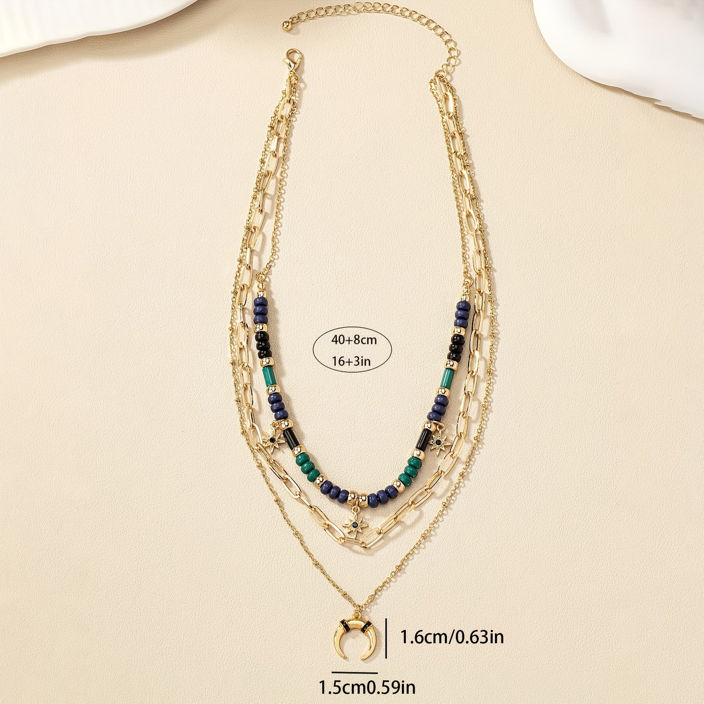 Vintage Bohemian Wind Beaded Horns Star Moon Triple Necklace Ramadan Eid al-Fitr